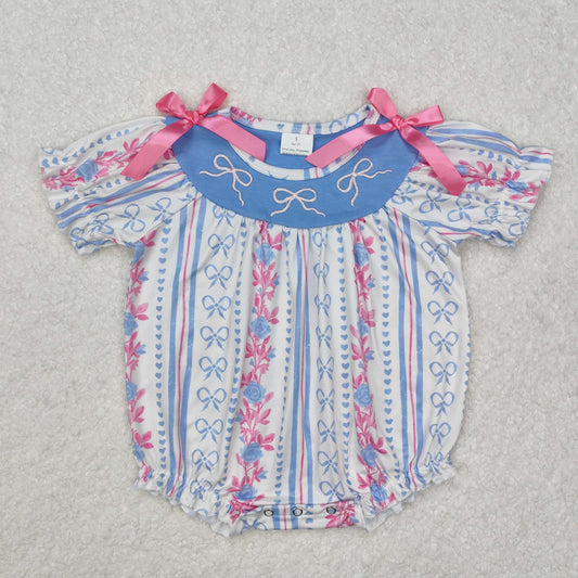 Baby Girl Infant Short Sleeves Embroidery Bows Flower Bubble Romper