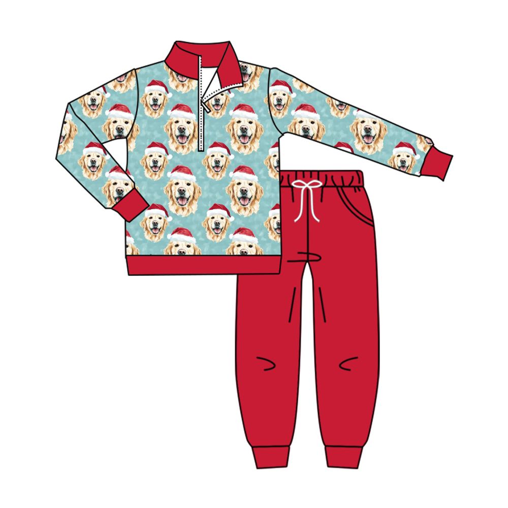 ( Moq 5 ) Preorder Baby Boy Kids Dogs Christmas Zipper Shirt Red Pockets Pants Set Clothes