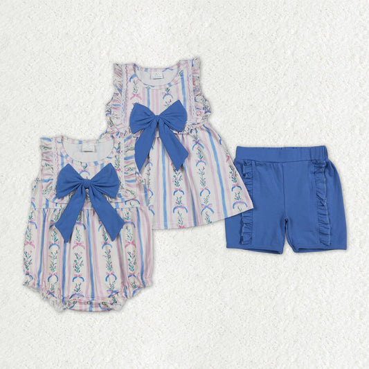 Sibling Baby Girl Sleeveless Floral Stripes Bow Blue Summer Romper Set RTS