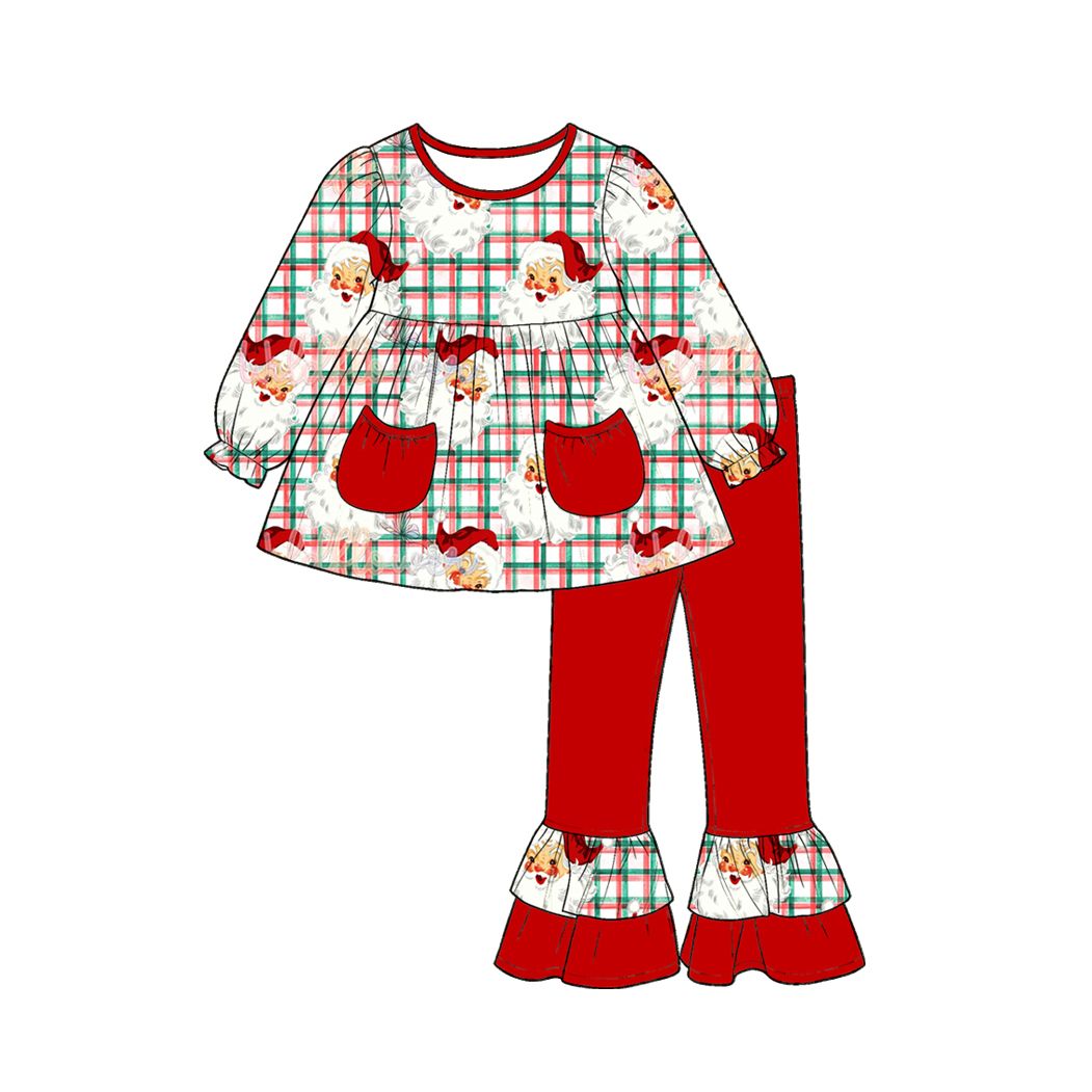 ( Moq 5 ) Preorder Baby Girl Kids Christmas Santa Plaid Pockets Tunic Red Pants Set Clothes