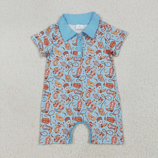 Baby Boy Short Sleeves Western Boots Hats Buttons Blue Romper RTS