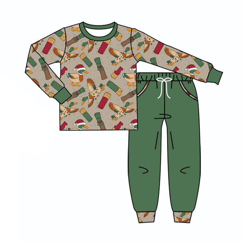 ( Moq 5 ) Preorder Baby Boy Kids Ducks Hunting Zipper Shirt Green Pockets Pants Set Christmas Clothes