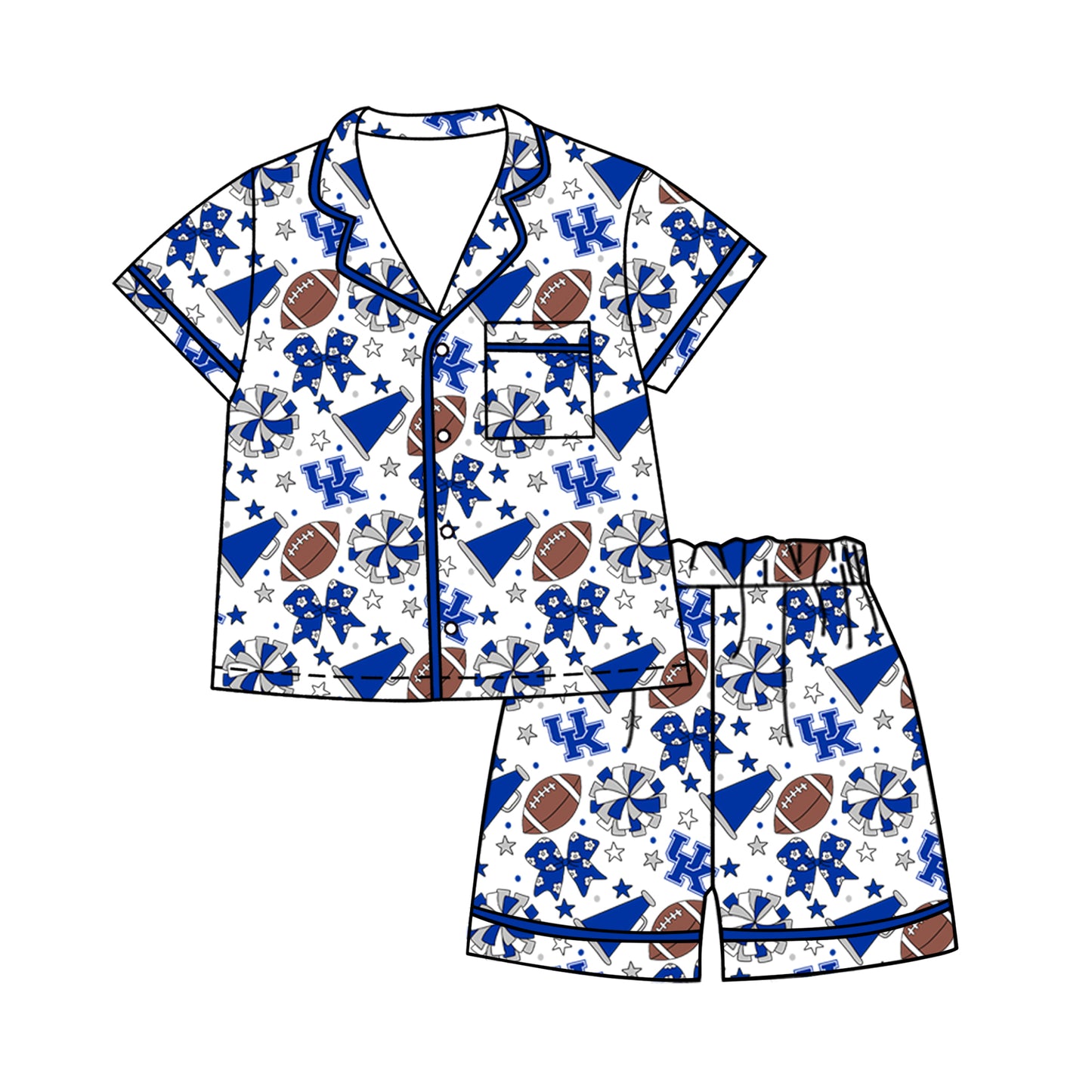 ( Moq 5 ) Baby Girls Kids Short Sleeves Blue Bows Cheer Football Shirt Shorts Pajamas Set