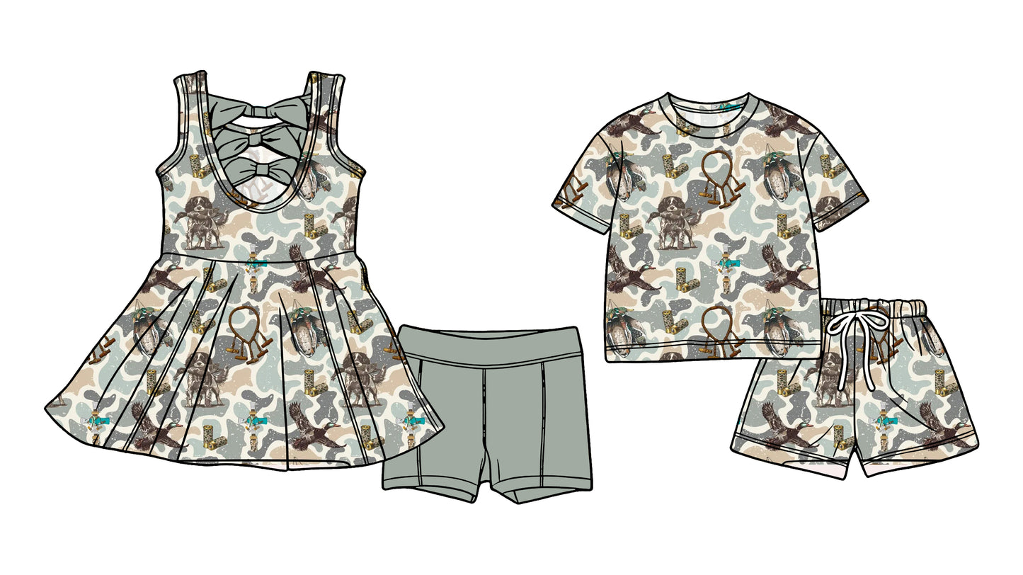 ( Moq 5 Each Style ) Sibling Baby Boys Girls Kids Dogs Ducks Camo Tops Shorts Sets Summer Clothes