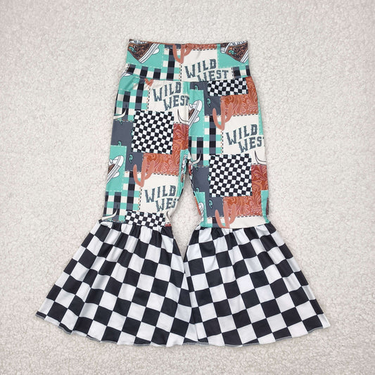 Baby Girl Western Cactus Cow Checked Bell Pants RTS