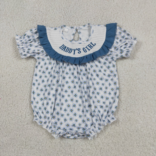 Baby Girls Infant Short Sleeves Embroidery Daddy's Girl Flower Smocked Romper RTS