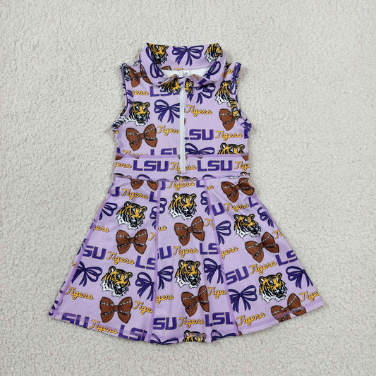 Baby Girls Kids Tigers Football Bows Team Purple Yoga Zipper Knee Length Dress RTS