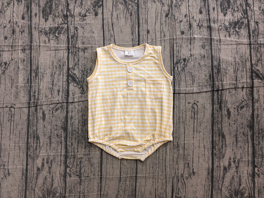 ( No moq ) Preorder Baby Boy Infant Sleeveless Yellow Plaid Pocket Summer Bubble Romper