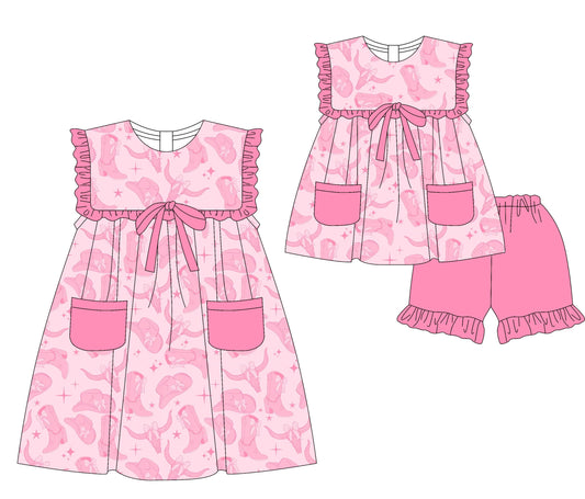 Baby Girl Western Cow Boots Pink Pockets Sibling Dress Set ( Moq 5 Each Style ) 3.17
