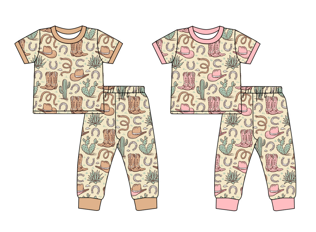 Baby Boy Girl Short Sleeves Western Boots Hats Sibling Pajamas Clothes Set ( Moq 5 Each Design )11.26