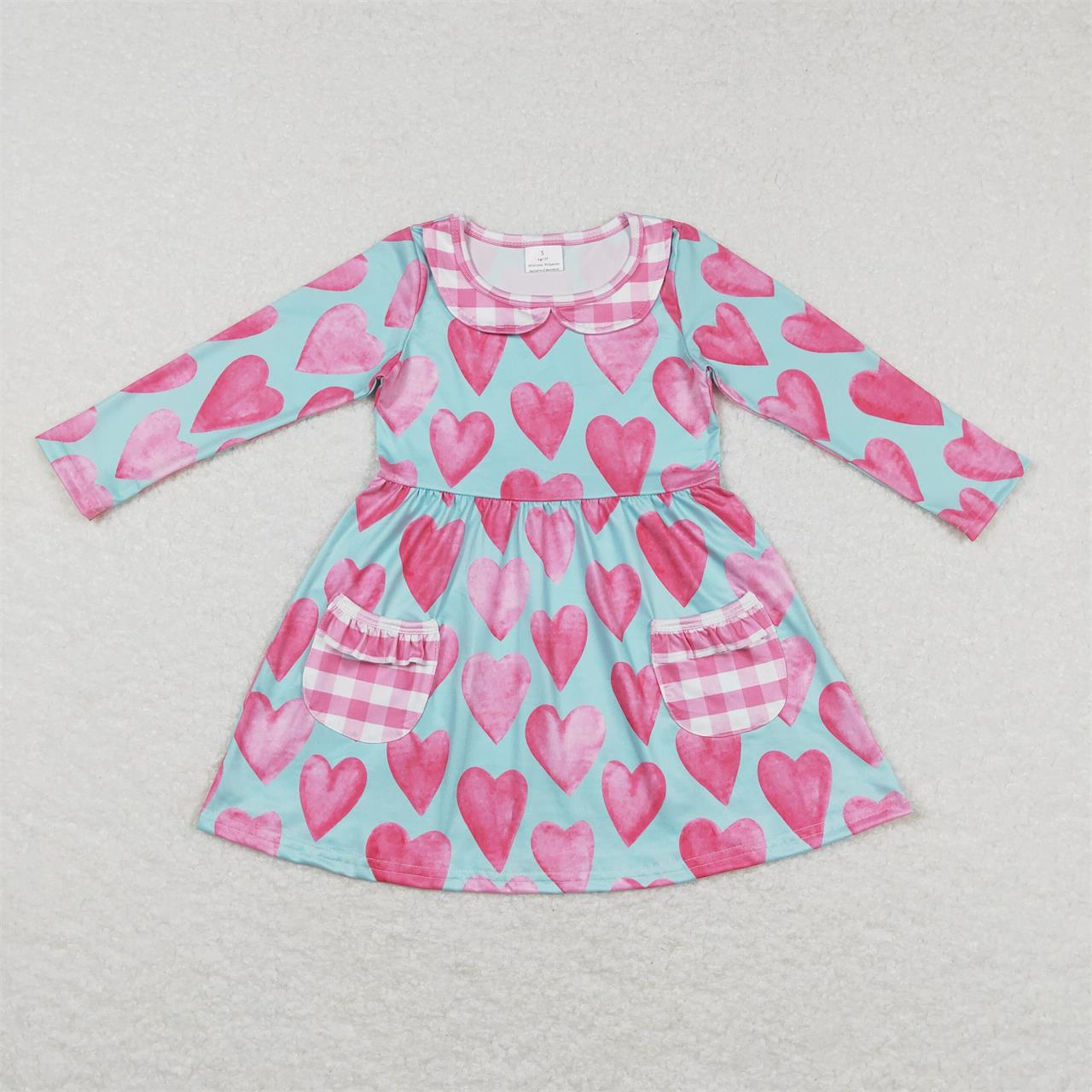 GLD0455 Valentine's Day Baby Girl Hearts Long Sleeves Pocket Dress