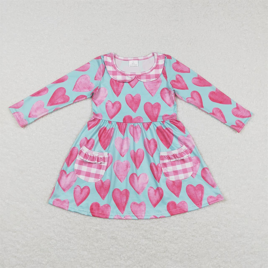 GLD0455 Valentine's Day Baby Girl Hearts Long Sleeves Pocket Dress