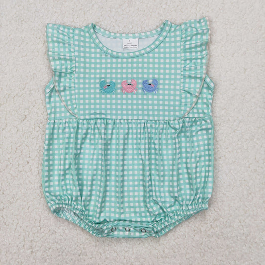 Baby Girl Short Sleeves Embroidery Crabs Green Checked Bubble Romper RTS