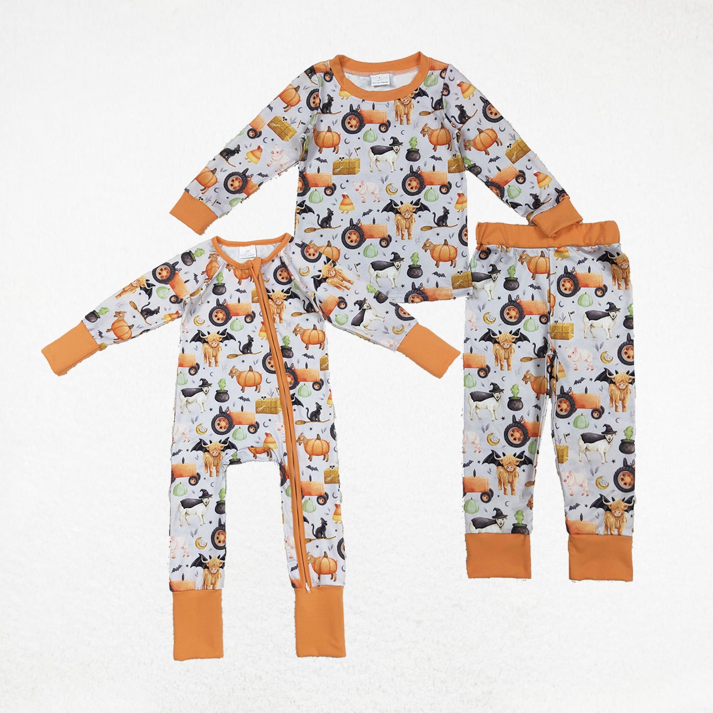 Baby Boy Long Sleeves Pumpkins Farm Animals Sibling Halloween Pajamas Zipper Romper Set