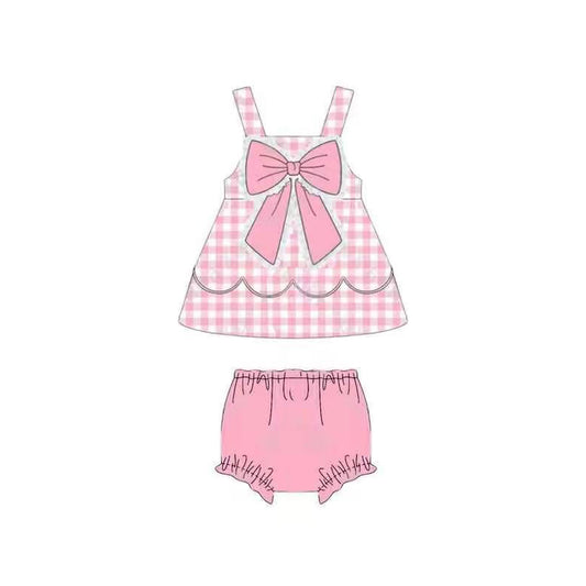 ( Moq 5 ) Preorder Baby Girls Kids Sleeveless Pink Plaid Bow Tops Bummie Set Summer Clothes