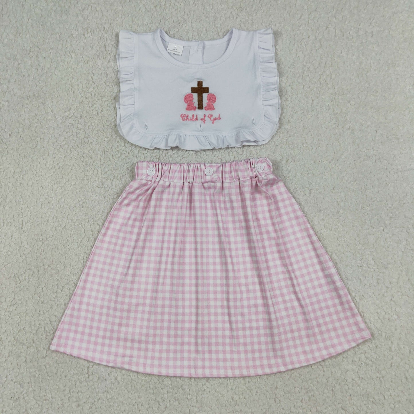 Baby Girls Sleeveless Embroidery Cross Easter Pink Plaid Knee Length Dress RTS