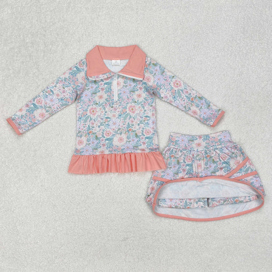 Baby Girl Long Sleeves Zipper Ruffle Shirt Flower Skirts Clothes Set RTS