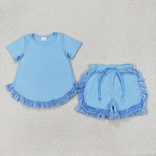Baby Girl Short Sleeves Blue Cotton Shirt Ruffle Shorts Clothes Set RTS