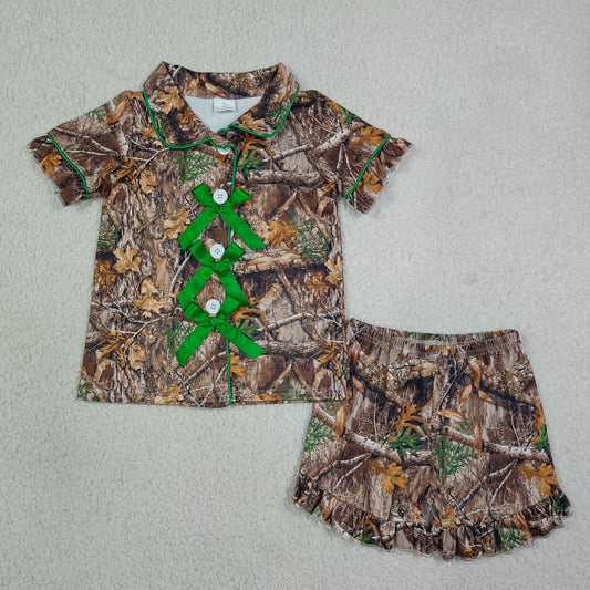 Baby Girls Kids Green Bows Buttons Shirt Camo Ruffle Shorts Hunting Pajamas Set RTS