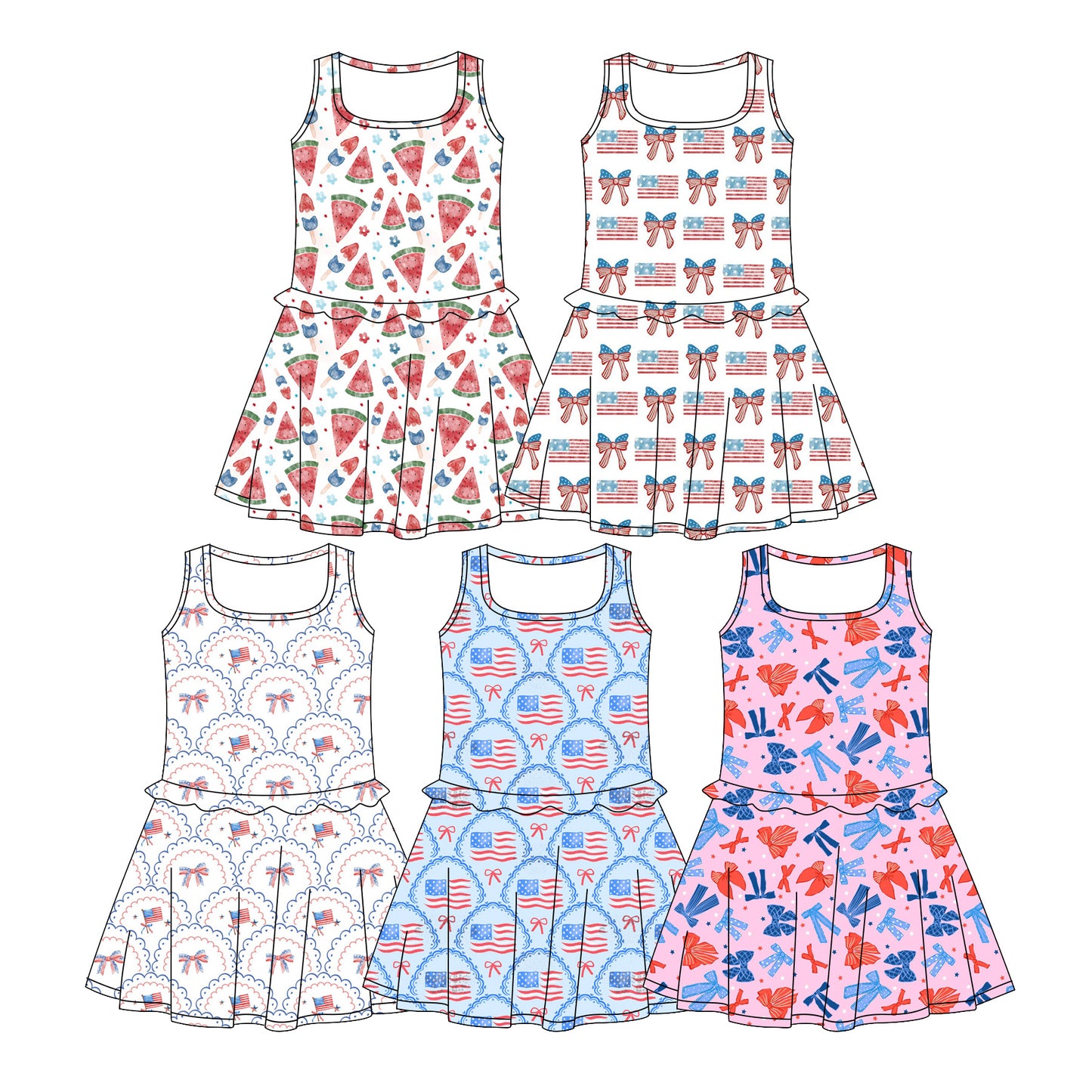 ( Moq 5 Each Style ) Sibling Baby Girls Toddler Summer Bows Flags 4th of July Dresses