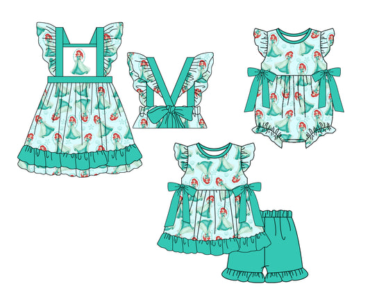 Baby Girl Princess Sibling Summer Green Bows Romper Dress Clothes Set ( Moq 5 Each Design )11.23