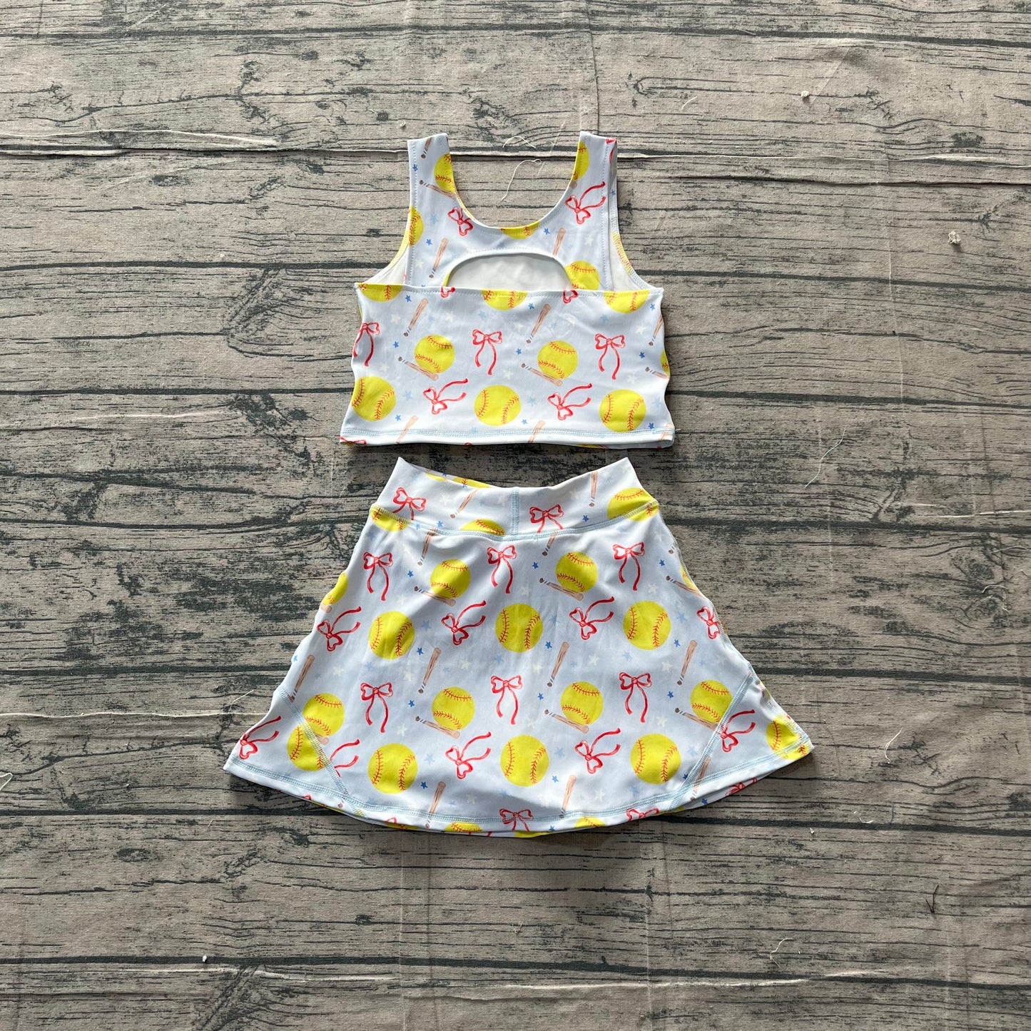 Baby Girls Kids Softball Bows Tops Blue Skirt Shorts Yoga Summer Set RTS