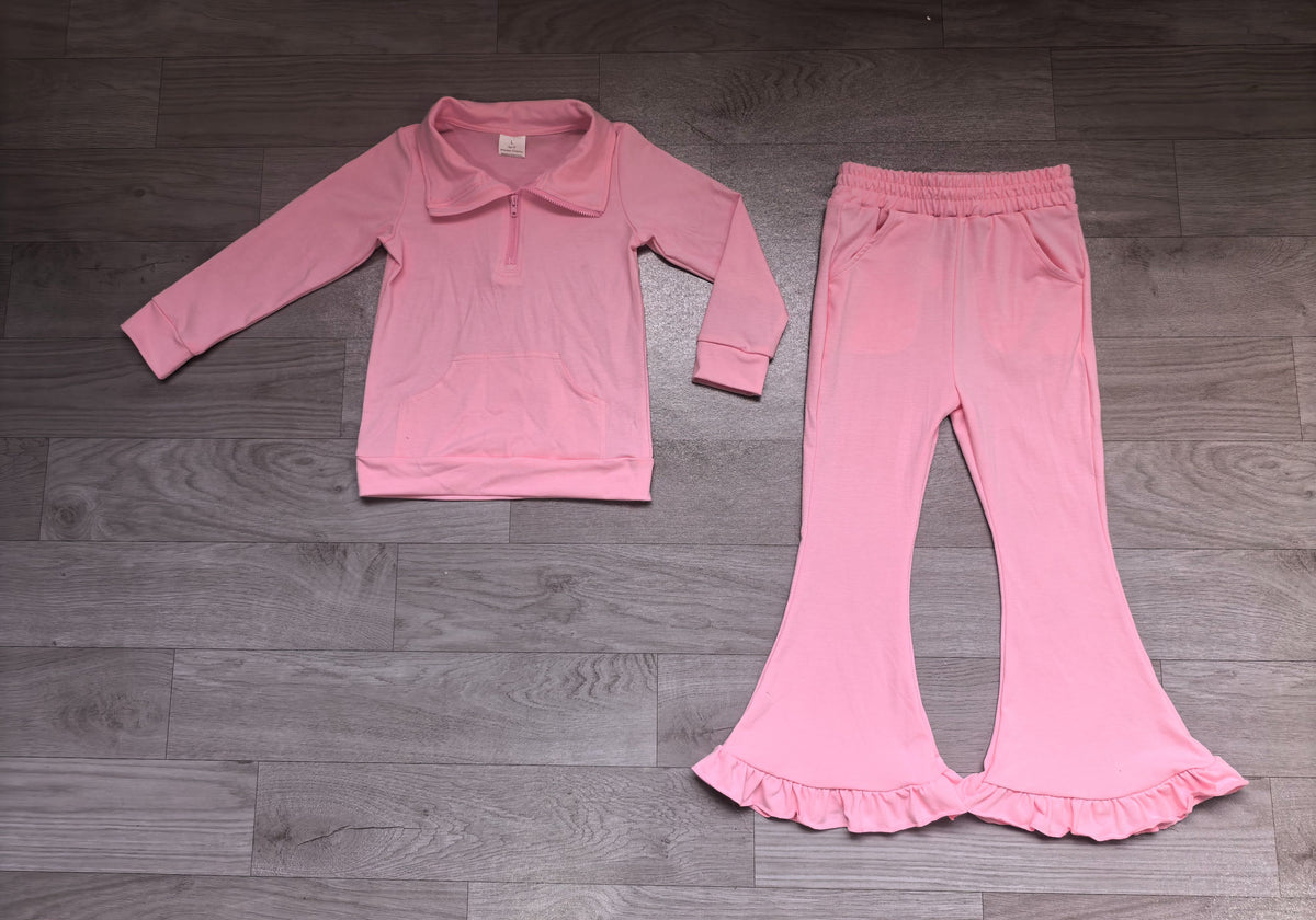 ( No moq ) Preorder Baby Girls Kids Long Sleeves Zipper Pullover Shirt Pockets Pants Pink Set Cotton Clothes