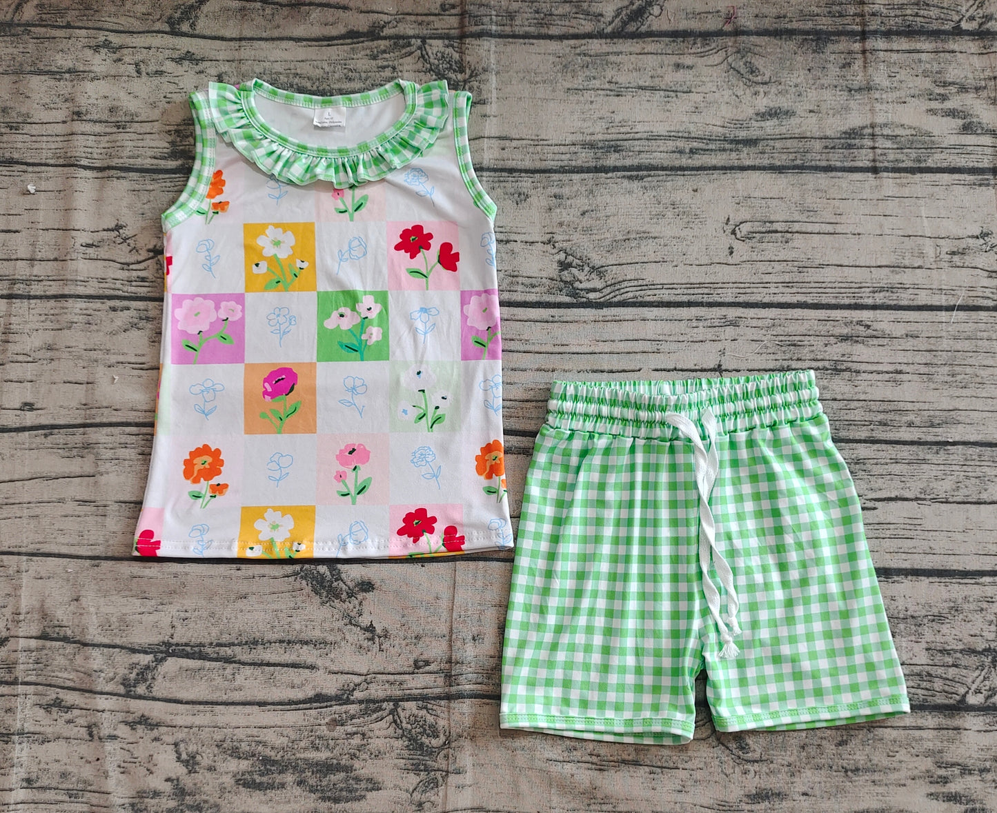 Baby Girl Sleeveless Flower Tops Green Plaid Shorts Set RTS