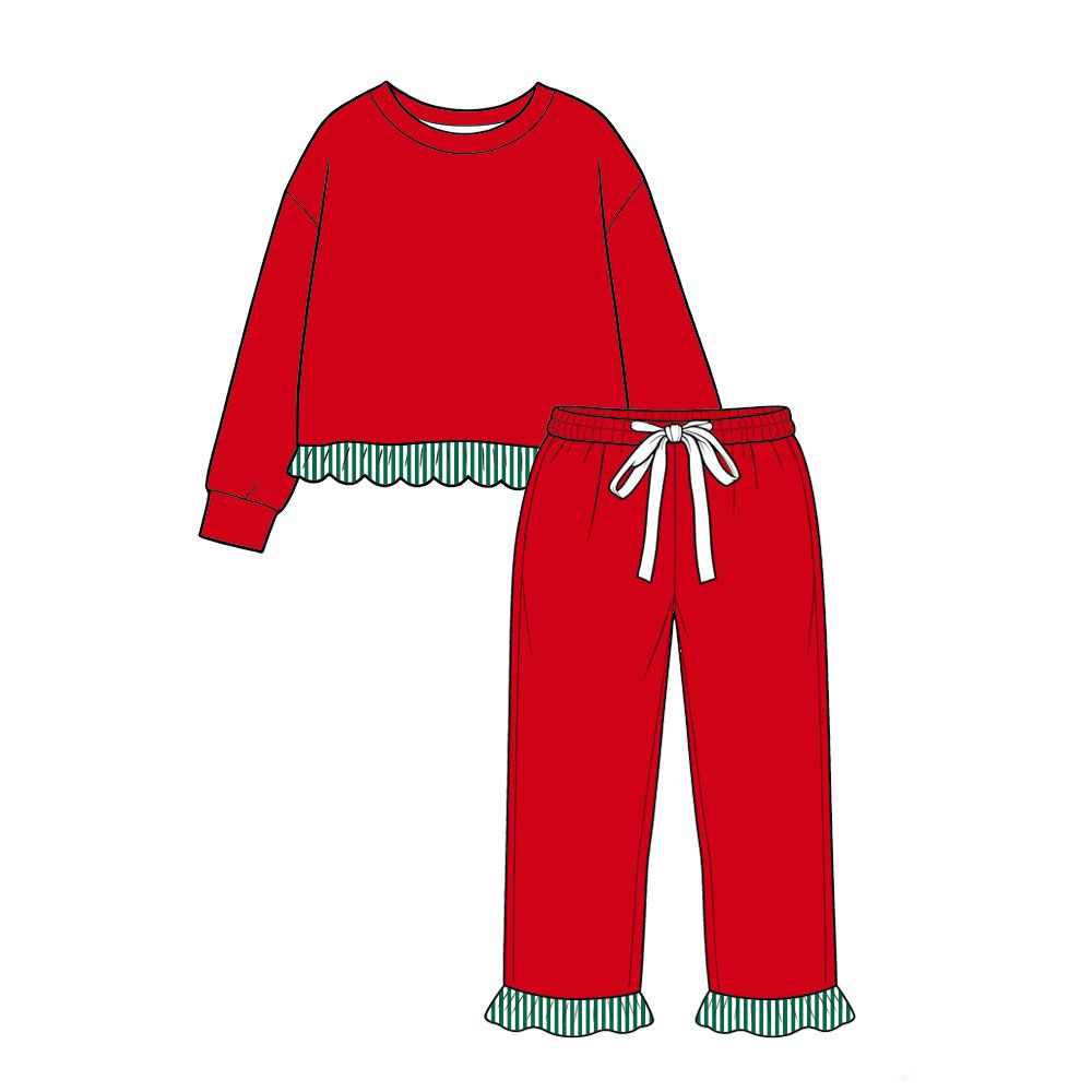 ( Moq 5 ) Preorder Baby Girls Kids Long Sleeves Shirt Ruffle Pants Red Set Christmas Clothes