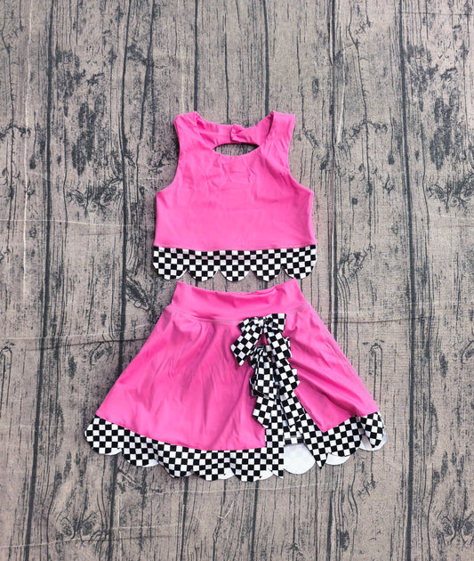 ( No moq ) Preorder Baby Girls Kids Sleeveless Pink Tops Plaid Bows Skirt Shorts Yoga Set Clothes