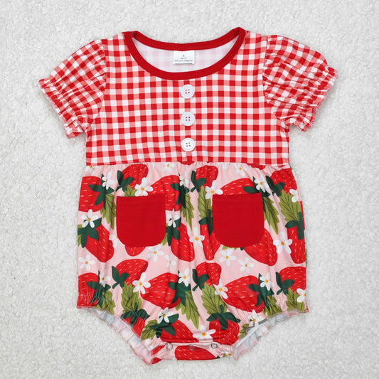 Baby Girl Short Sleeves Infant Red Plaid Strawberry Bubble Romper RTS