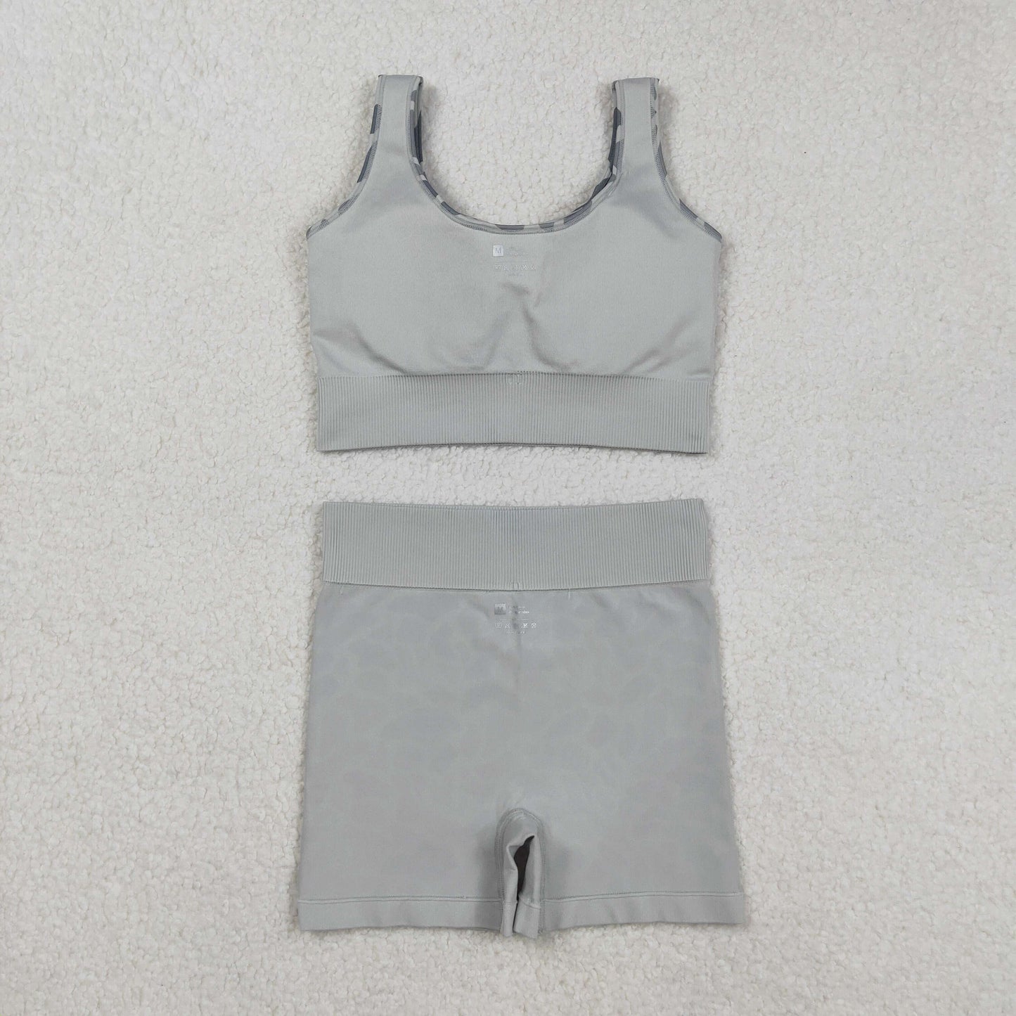 Adult Woman Sleeveless Grey Camo Tank Tops Shorts Knitted Yoga Set RTS