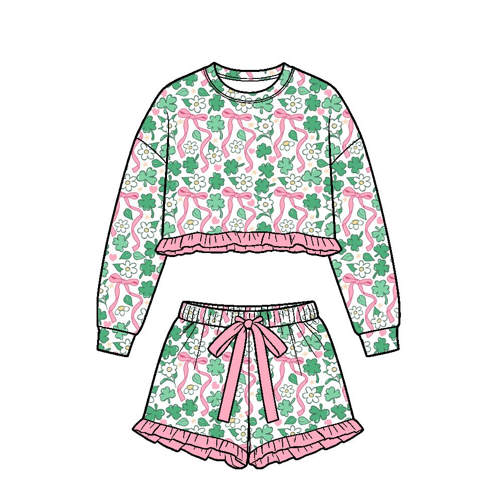 ( Moq 5 ) Preorder Baby Girls Kids Long Sleeves Clovers Flower Bows Shirt Shorts Set St Patrick Clothes