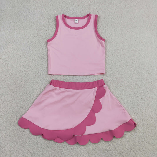 Baby Girls Kids Shirt Scallop Skirt Shorts Yoga Active Pink Set Clothes RTS