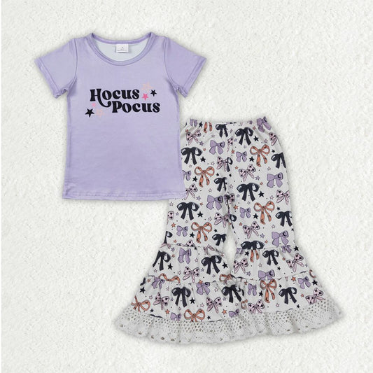 Baby Girl Short Sleeves Purple Shirt Bows Stars Ruffle Bell Bottom Halloween Clothes Set RTS