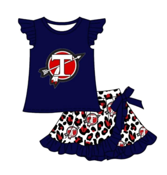 Baby Girl Short Sleeves T Team Shirt Leopard Bow Skort Clothes Set ( Moq 5 )