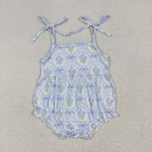 Baby Girl Blue Straps Bows Flower Ruffle Bubble Romper RTS