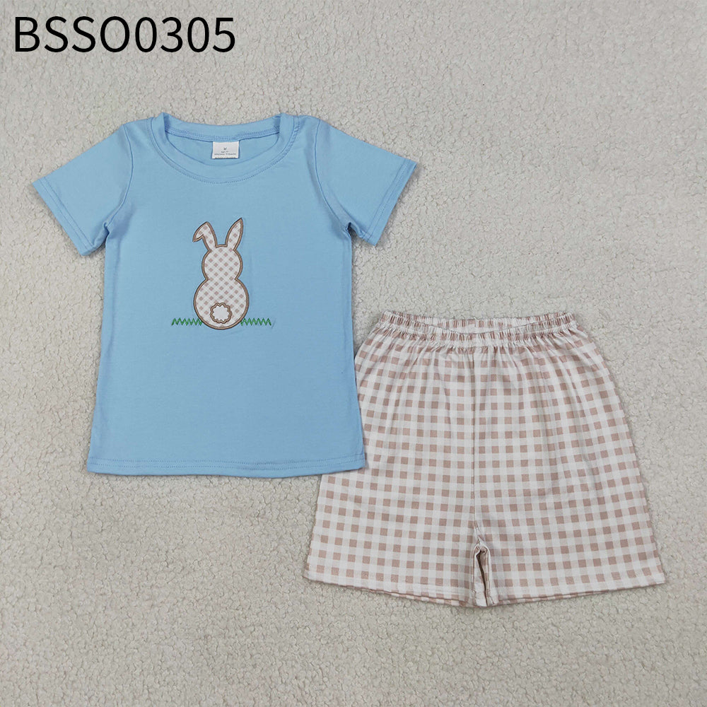 Sibling Baby Boys Girls Short Sleeves Embroidery Rabbit Tops Plaid Shorts Easter Sets RTS
