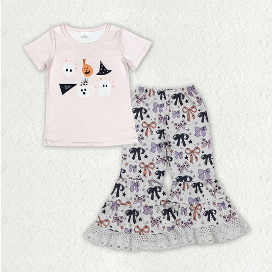 Baby Girl Short Sleeves Pumpkins Ghosts Shirt Bows Stars Ruffle Bell Bottom Halloween Clothes Set