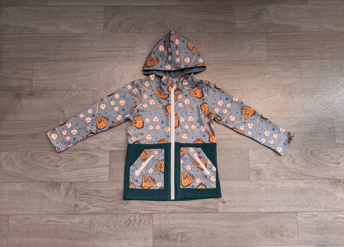 ( No moq ) Preorder Baby Boy Long Sleeves Baseball Zipper Pockets Hoodie Shirt