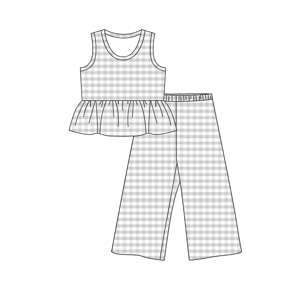 ( Moq 5 ) Preorder Baby Girls Kids Sleeveless Grey Plaid Ruffle Tops Pants Set Clothes
