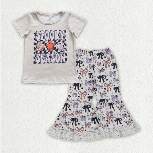 Baby Girl Short Sleeves Ghosts Shirt Bows Stars Ruffle Bell Bottom Halloween Clothes Set