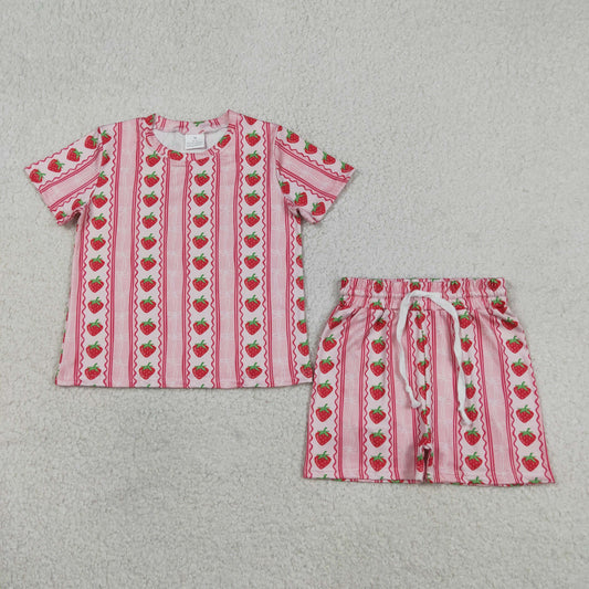 Baby Girl Kids Short Sleeves Strawberry Bows Shirt Shorts Set Summer Clothes RTS