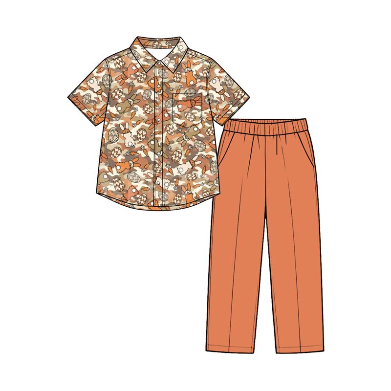 ( Moq 5 ) Preorder Baby Boys Kids Rabbits Eggs Carrots Camo Shirt Pockets Pants Easter Set Clothes