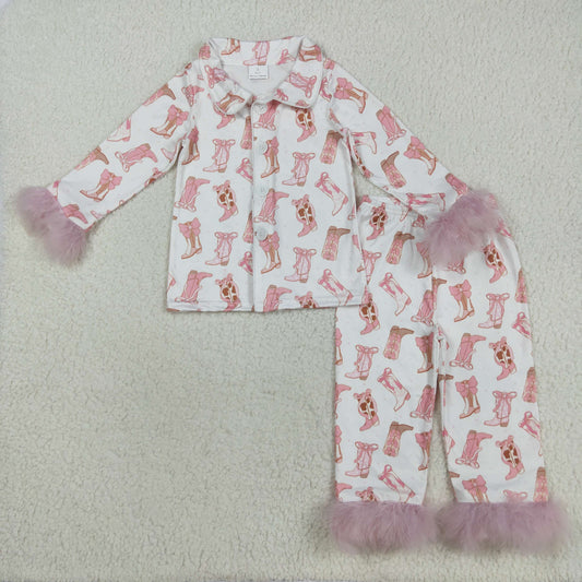 Baby Girl Pink Fur Long Sleeves Bows Boots Buttons Shirt Pants Pajamas Set RTS