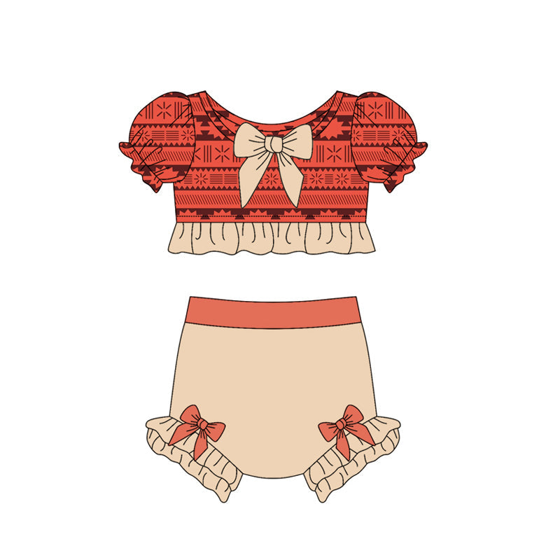 Baby Girl Short Sleeves Island Princess Bows Tops Shorts Swimsuit Bathing Suit ( Moq 5 )