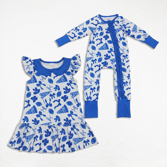 Sibling Girls Kids Blue Bows Football Team Cheer Zipper Romper Dress RTS
