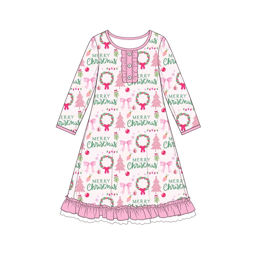 ( Moq 5 ) Preorder Baby Girls Kids Long Sleeves Christmas Bows Knee Length Pink Ruffle Dress Clothes