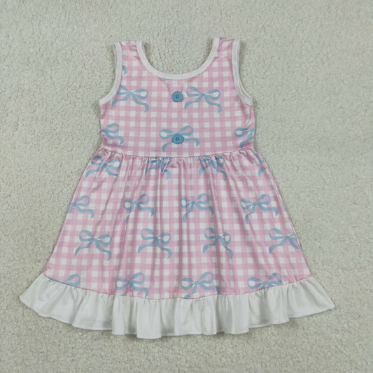 Baby Girls Kids Sleeveless Bows Pink Plaid Knee Length Dress RTS