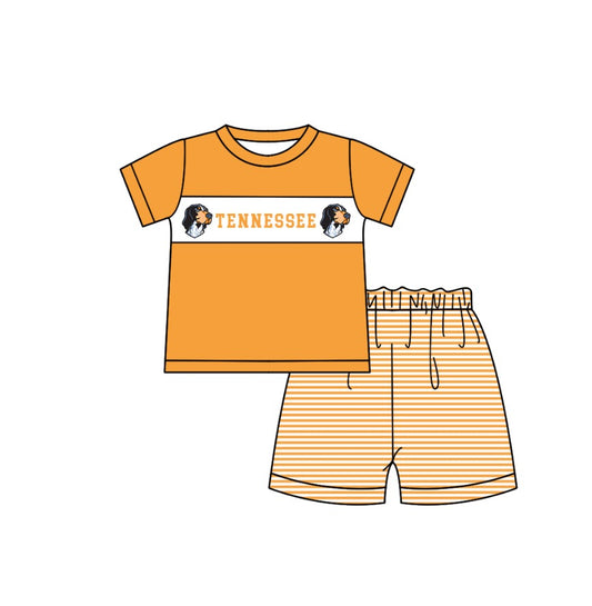 ( Moq 5 ) Baby Boys Toddler Short Sleeves Dogs Shirt Orange Stripes Shorts Team Summer Set